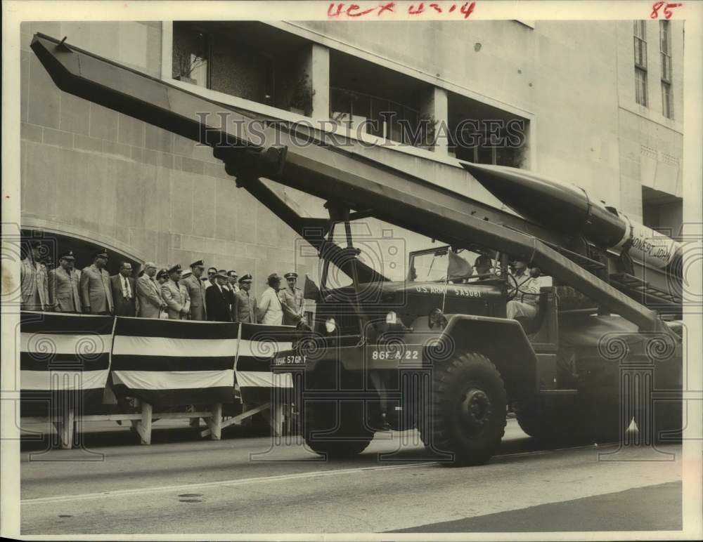 1958 Press Photo Rocket on display in Armed Forces Day parade, Houston