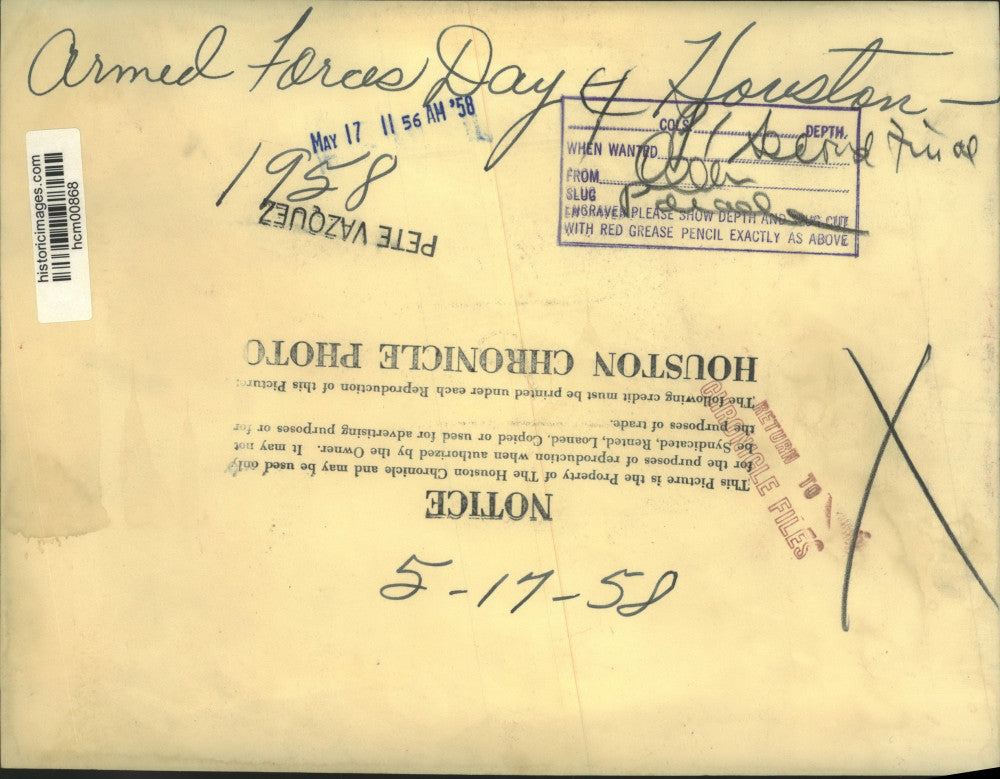 1958 Press Photo Rocket on display in Armed Forces Day parade, Houston