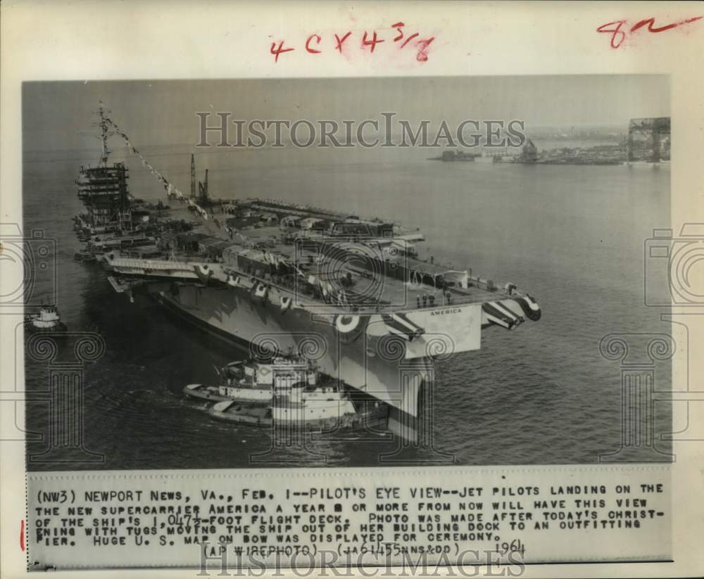 1964 Press Photo Supercarrier America moved from building dock in Newport News