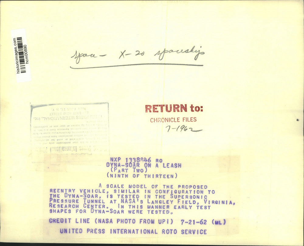 1962 Press Photo model of proposed reentry vehicle tested; NASA's Langley Field