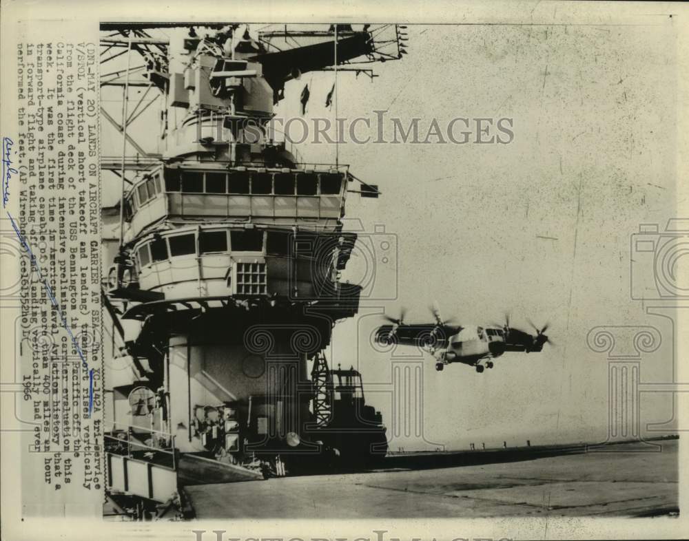 1966 Press Photo Transport plane, XC-142A lands on aircraft carrier at sea