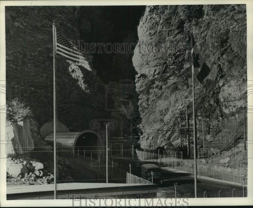 1961 Press Photo Flags fly at entrance to NORAD underground complex in Colorado