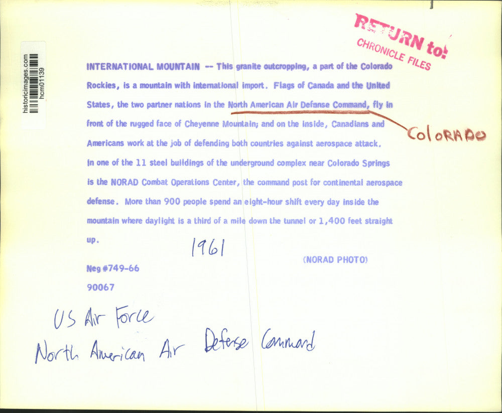 1961 Press Photo Flags fly at entrance to NORAD underground complex in Colorado