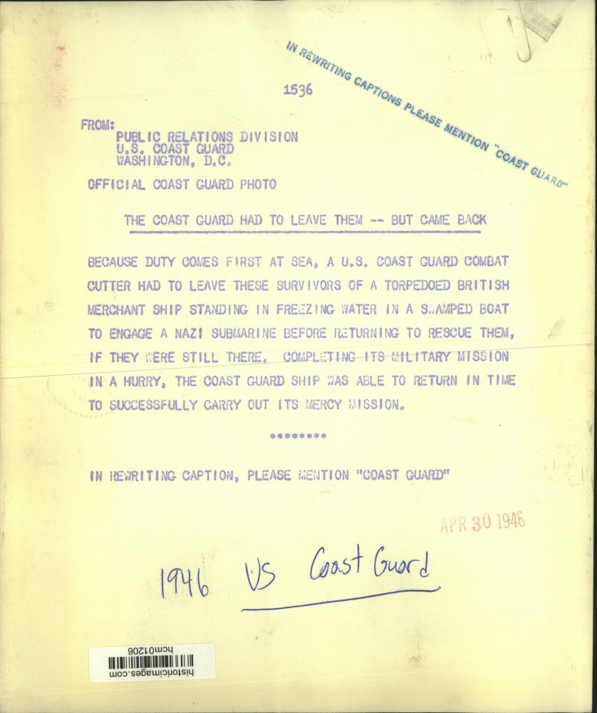 1946 Press Photo Coast Guard combat cutter carries British ship survivors