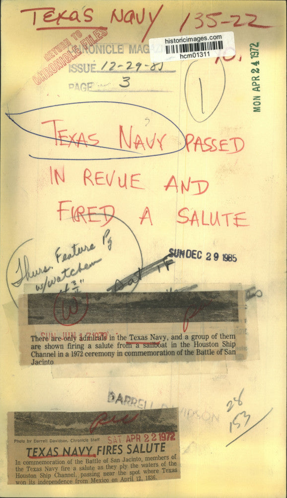 1972 Press Photo Texas Navy fires salute in honor of Battle of San Jacinto