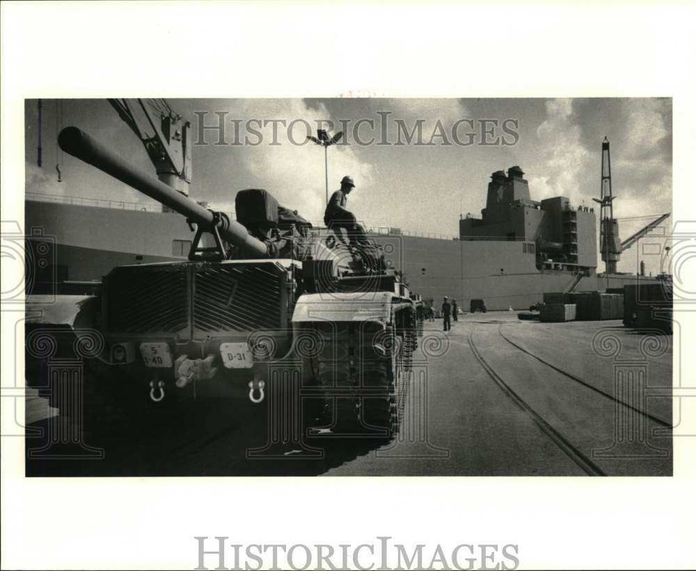 1984 Press Photo Operation Reforager- Tank waiting to be loaded to military ship