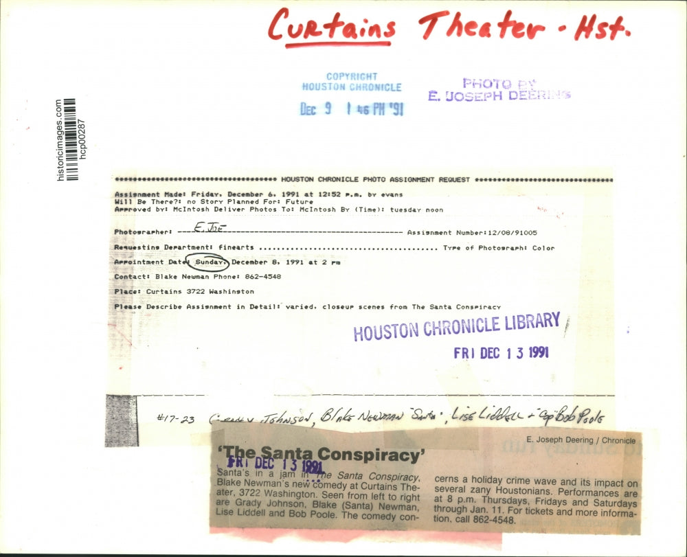 1991 Press Photo Cast of "Santa Conspiracy" at Curtains Theater in Houston