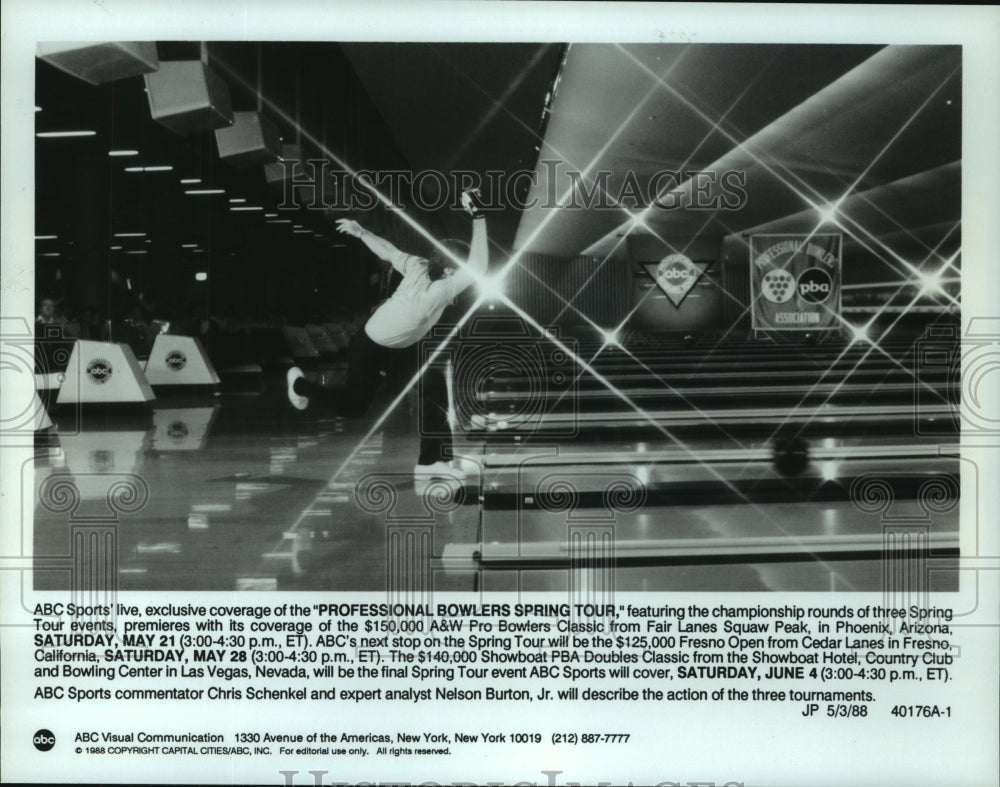 1988 Press Photo Coverage of the &quot;Professional Bowlers Spring Tour&quot; on ABC- Historic Images