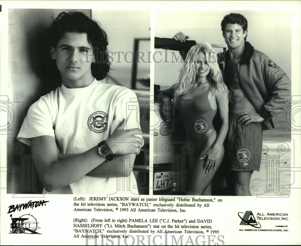 1995 Press Photo Jeremy Jackson, Pamela Lee, and David Hasselhoff on "Baywatch"- Historic Images
