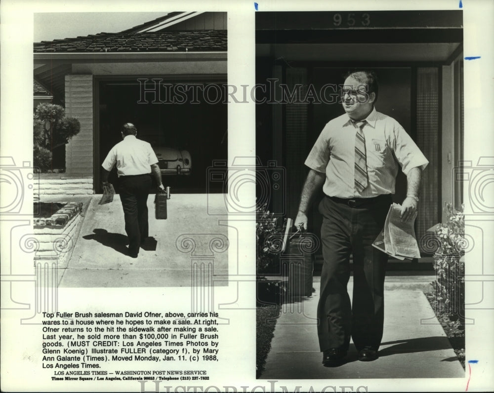 1988 Press Photo David Ofner of Fuller Brush carries his wares house to house.- Historic Images