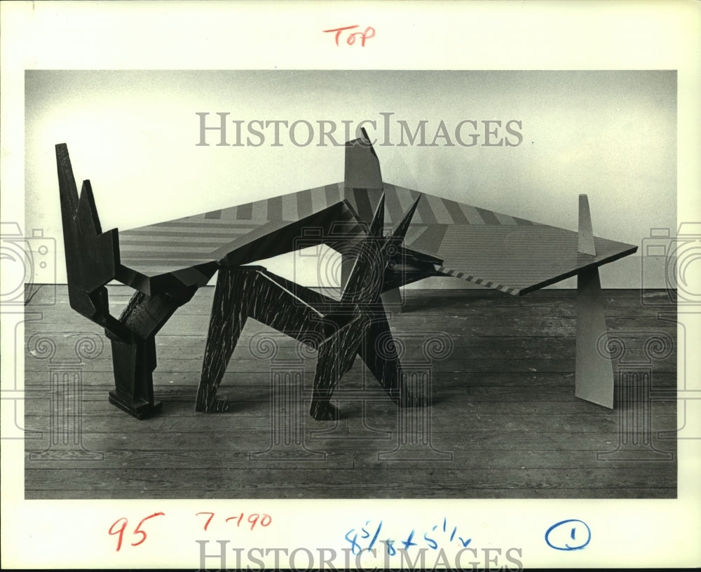 1985 Press Photo Cocktail-height table of wood, paint by artist Michael Curtis.- Historic Images