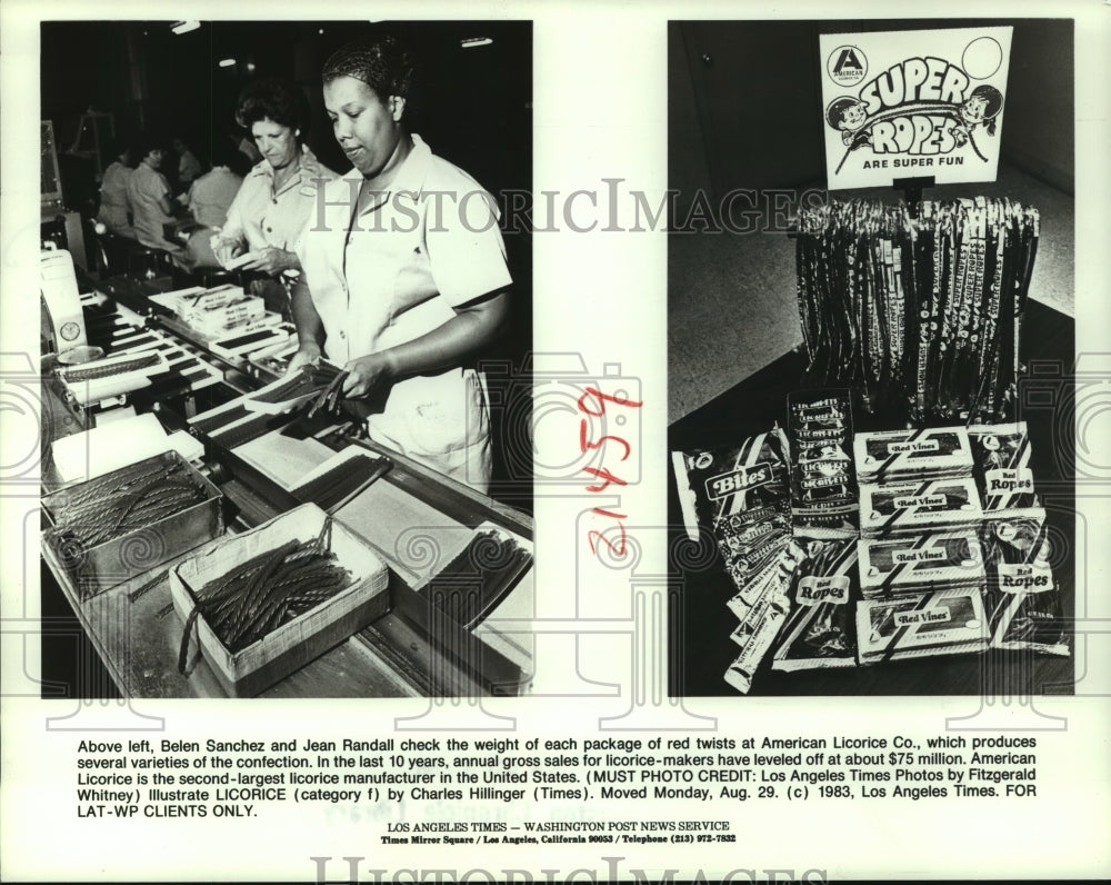 1983 Press Photo Belen Sanchez &amp; Jean Randall at American Licorice Company.- Historic Images