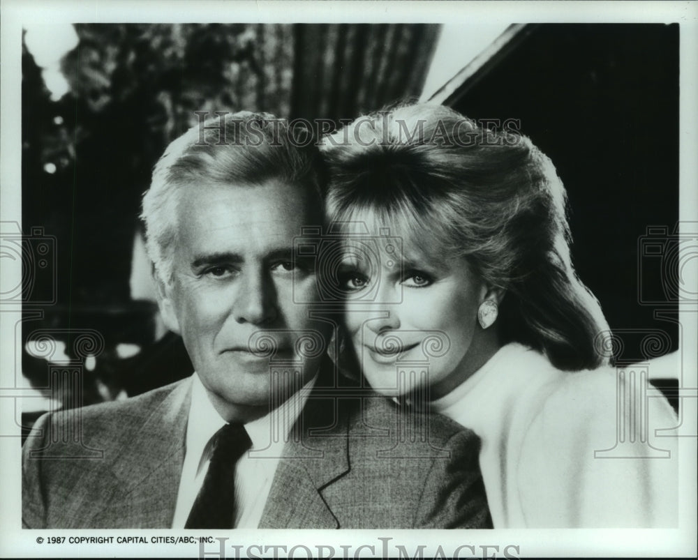 1987 Press Photo John Forsythe, Linda Evans from &quot;Dynasty&quot; airing on ABC.- Historic Images