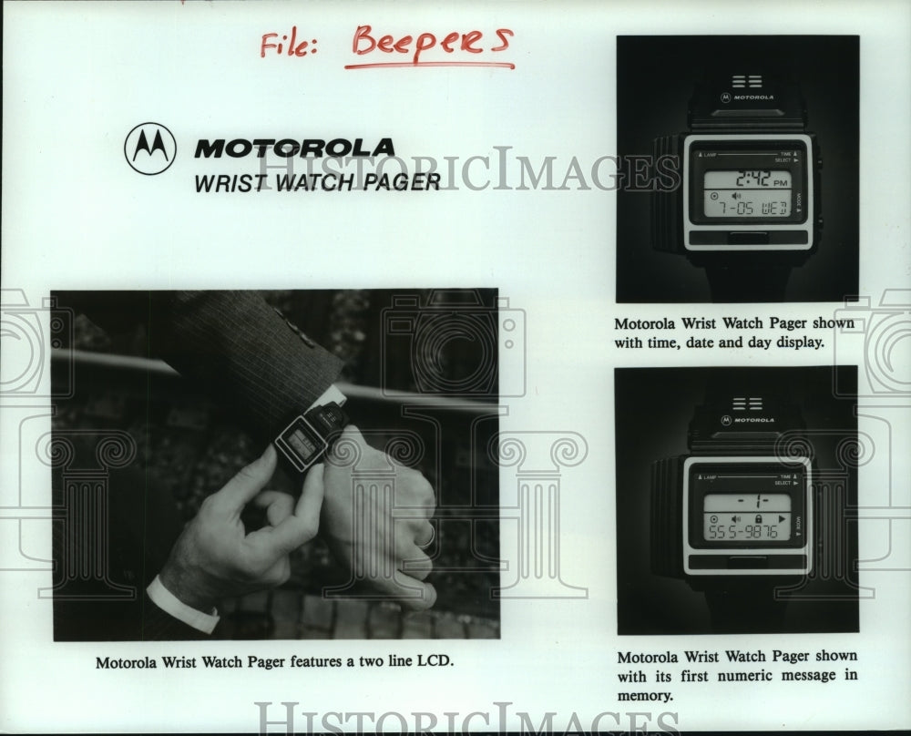 1990 Press Photo Motorola Wrist Watch Pager, Beeper Features, Time, Date, Day- Historic Images