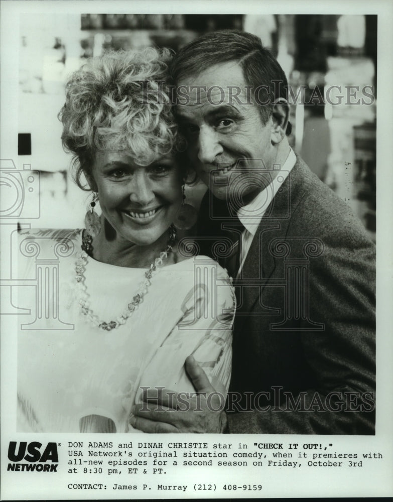 1986 Press Photo Don Adams, Dinah Christie star in &quot;Check it Out!&quot; on USA.- Historic Images