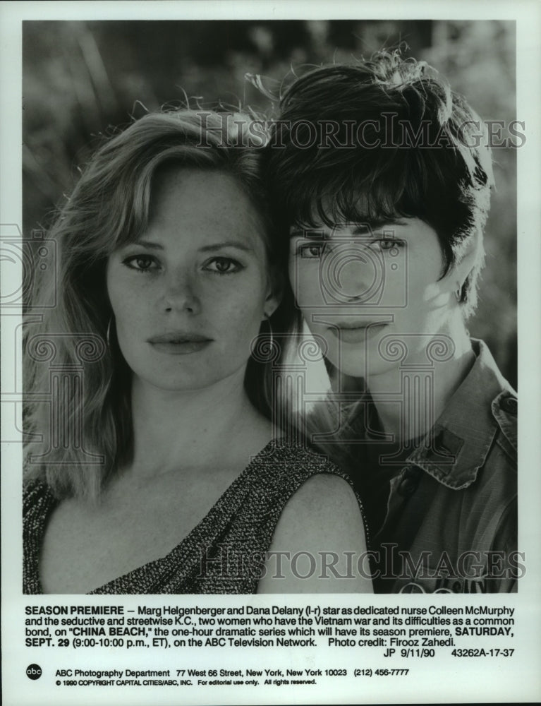 1990 Press Photo Marg Helgenberger & Dana Delany star in "China Beach".- Historic Images