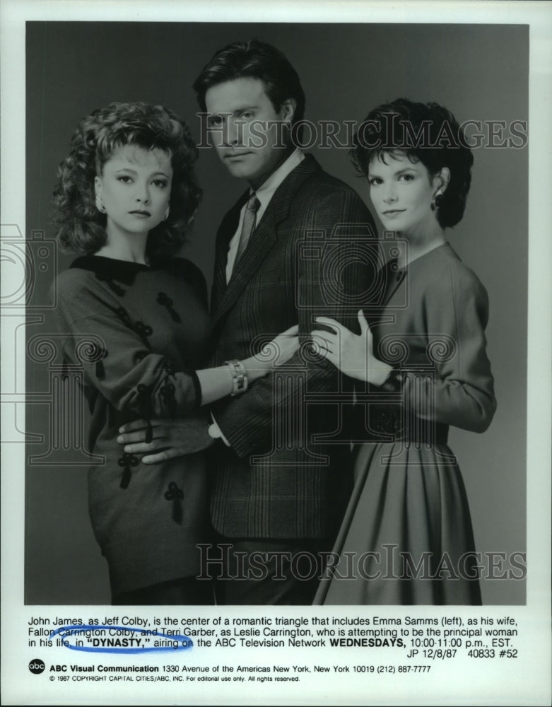 1987 Press Photo John James, Emma Samms, and Terri Garber act in &quot;Dynasty&quot; show- Historic Images