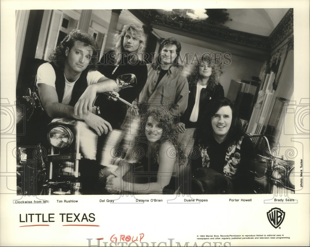 1993 Press Photo Members of the music group Little Texas pose with motorcycle- Historic Images