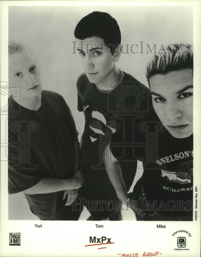 1997 Press Photo Yuri, Tom, and Mike from the music group MxPx - hcp05327- Historic Images