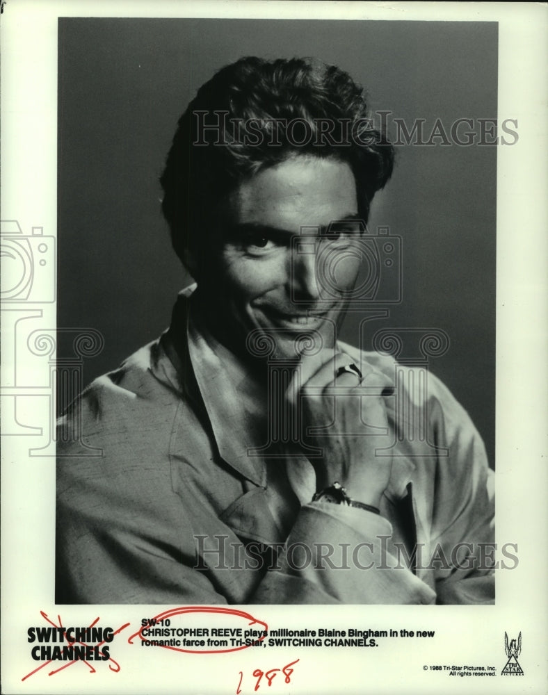 1988 Press Photo Actor Christopher Reeve starring in Switching Channels.- Historic Images