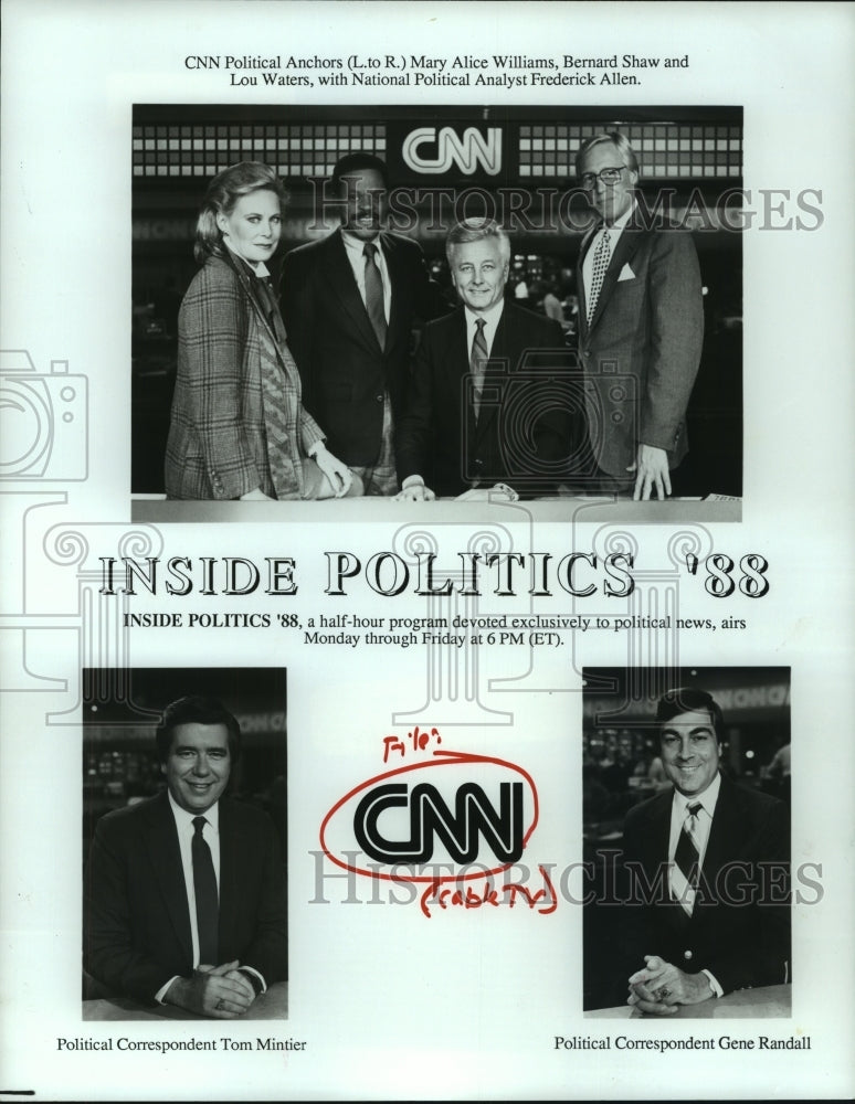 1988 Press Photo Correspondents present Inside Politics &#39;88 airing on CNN.- Historic Images