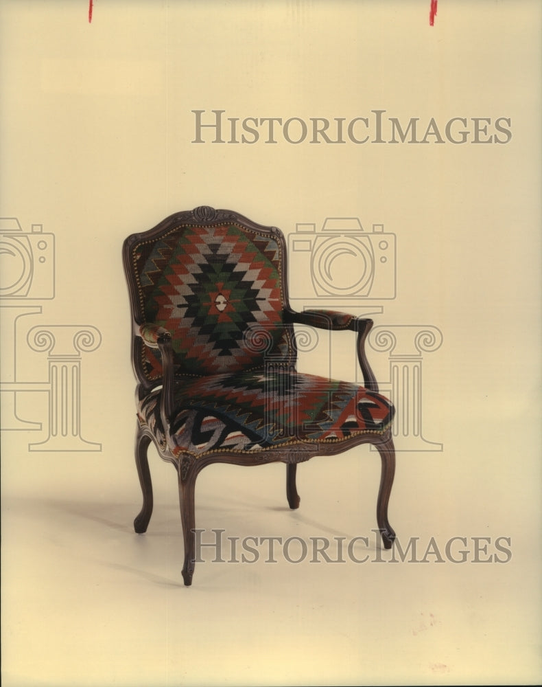 1992 Press Photo French armchair upholstered in pieces of a kilim rug- Historic Images