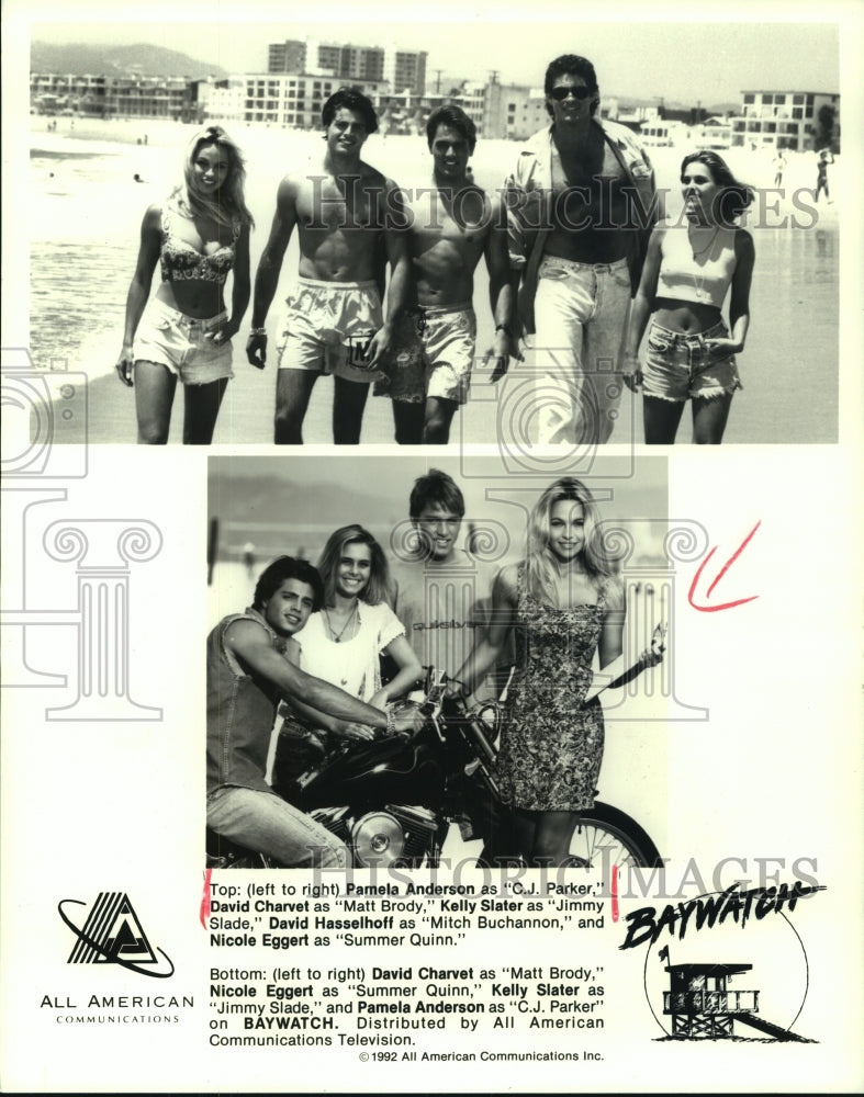 1992 Press Photo Cast Members &quot;Baywatch&quot; TV Series, Pamela Anderson - hcp06427- Historic Images