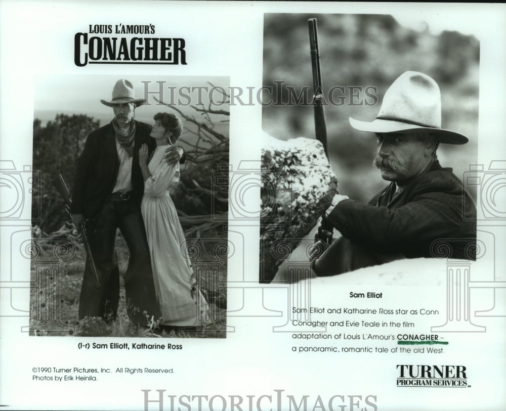 1990 Press Photo Actor Sam Elliot, Katharine Ross in &quot;Conagher&quot; Western Film- Historic Images