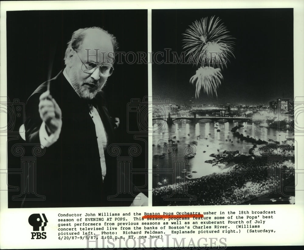 1987 Press Photo &quot;Evening at Pops&quot; - Conductor John Williams; Esplanade, Boston- Historic Images