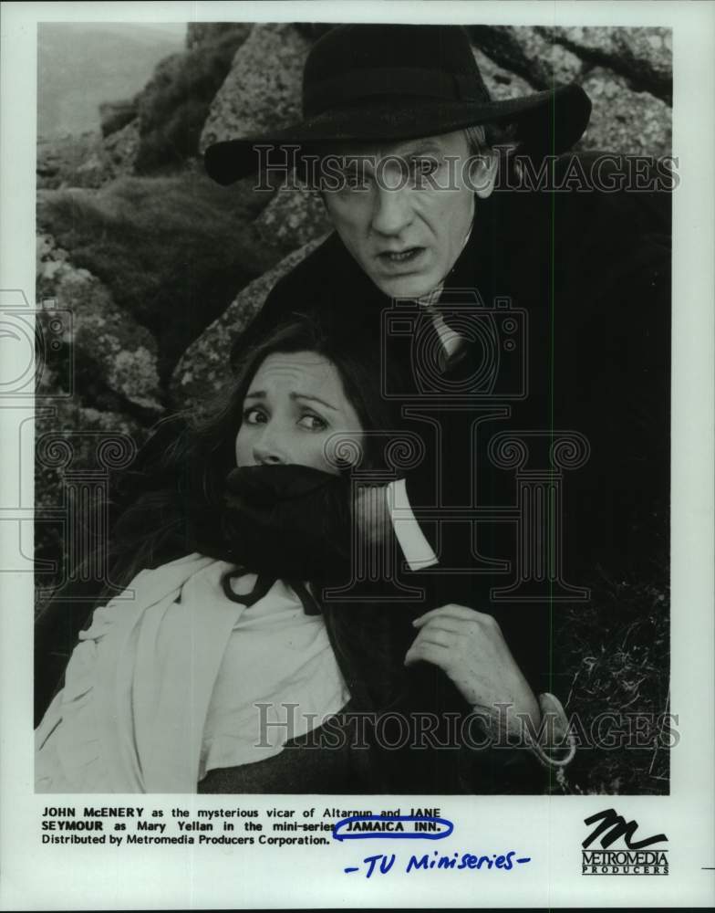 1985 Press Photo John McEnery, Jane Seymour in Jamaica Inn TV miniseries- Historic Images