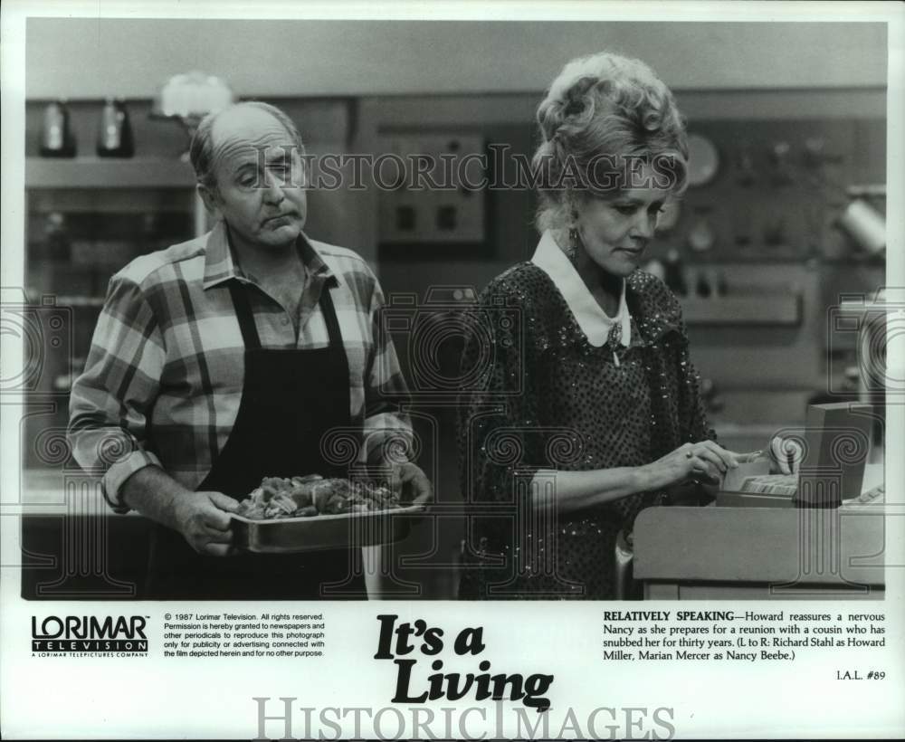 1987 Press Photo Actor Richard Stahl, Marian Mercer on &quot;It&#39;s a Living&quot; TV Series- Historic Images