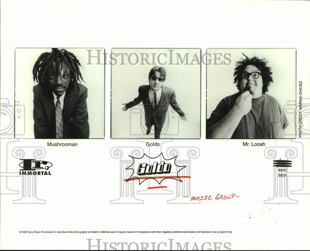 1998 Press Photo Members of the group Goldo: Mushrooman, Goldo, Mr. Loosh- Historic Images