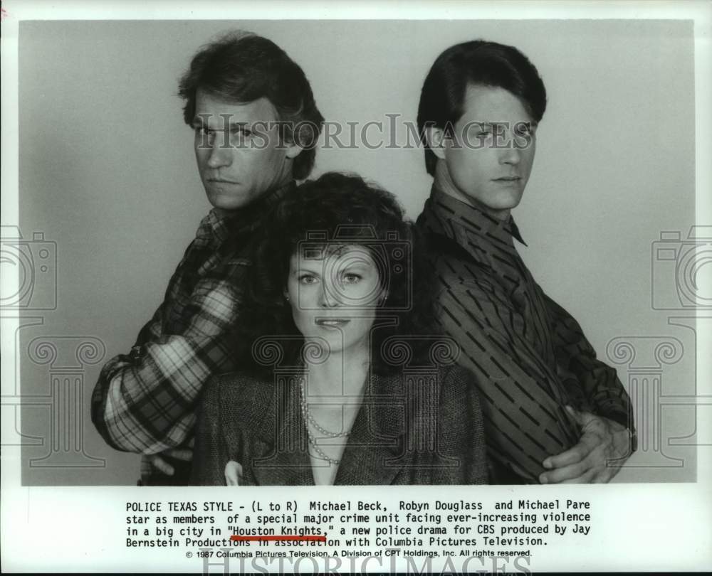 1987 Press Photo Michael Beck, Robyn Douglass, Michael Pare in &quot;Houston Knights&quot;- Historic Images