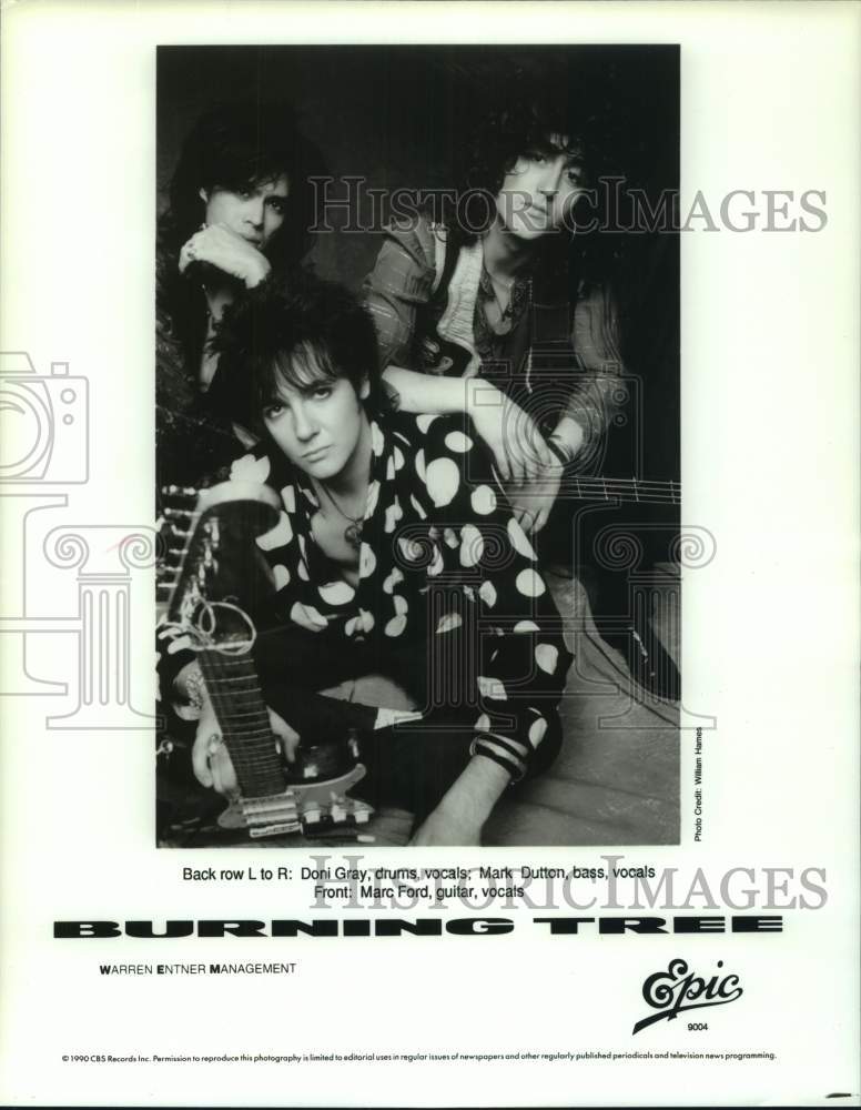 1990 Press Photo Burning Tree: Doni Gray, Mark Dutton, Marc Ford - rock band- Historic Images