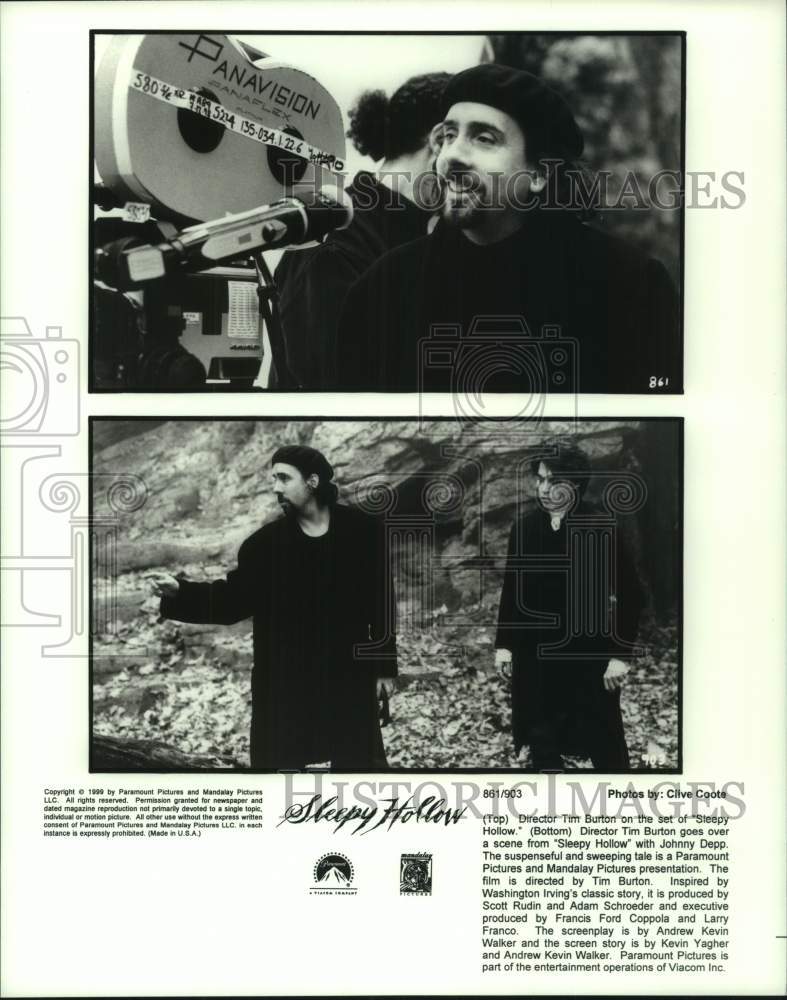 1999 Press Photo Director Tim Burton directs on set for movie &quot;Sleepy Hollow&quot;- Historic Images