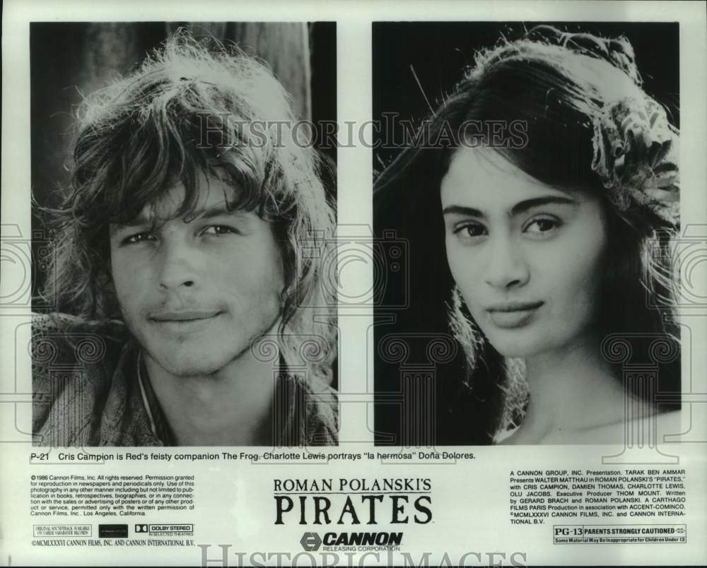 1986 Press Photo Actors Cris Campion, Charlotte Lewis: Roman Polanski&#39;s Pirates- Historic Images