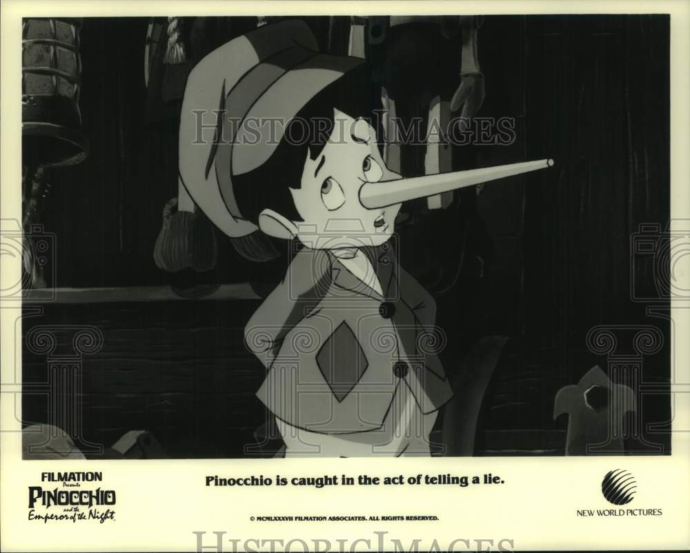 1987 Press Photo Pinocchio Tells Lie in &quot;Pinocchio and the Emperor of the Night&quot;- Historic Images