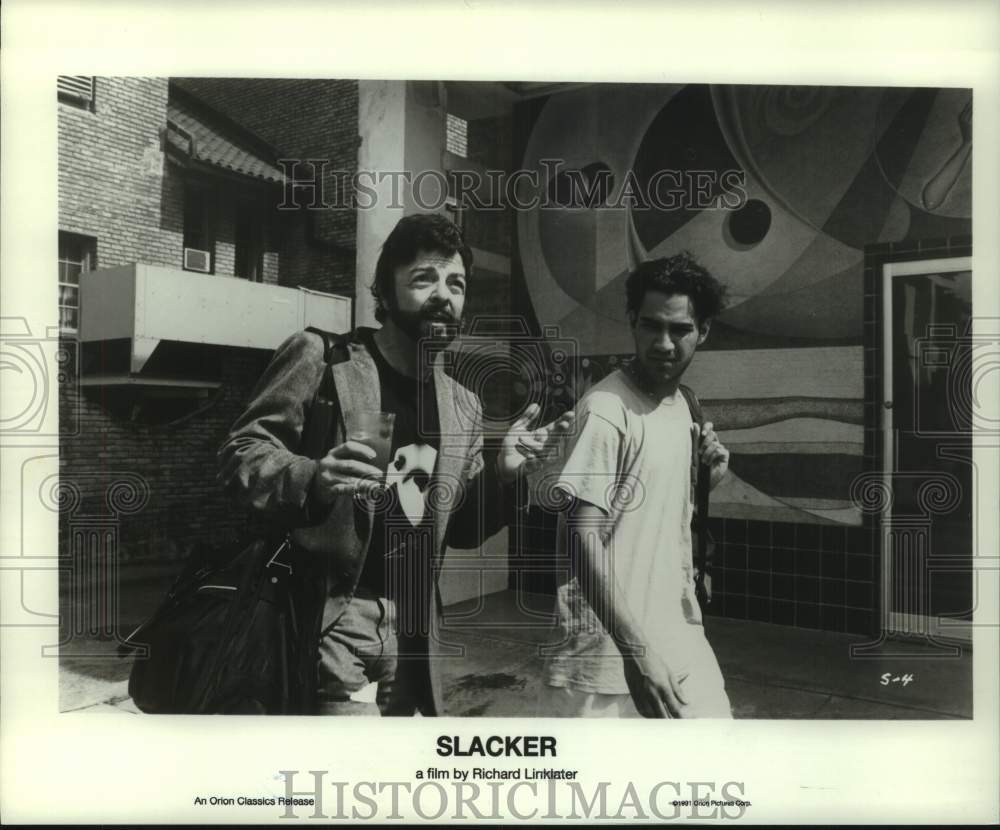 1991 Press Photo Jerry Deloney, Tom Pallotta - Scene from movie &quot;Slacker&quot;- Historic Images