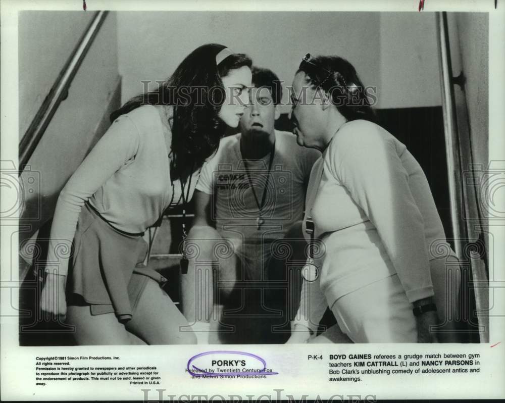 1981 Press Photo Boyd Gaines, Kim Cattrall, and Nancy Parsons in &quot;Porky&#39;s&quot;- Historic Images