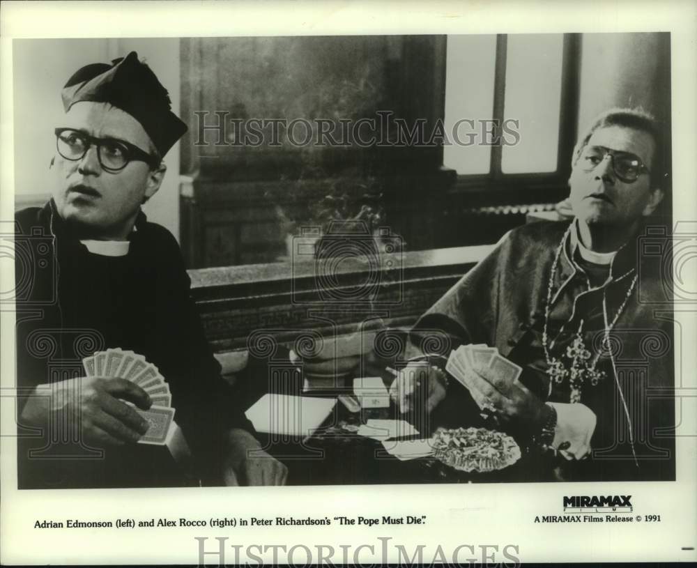 1991 Press Photo Adrian Edmonson, Alex Rocco in &quot;The Pope Must Die&quot; - hcp12826- Historic Images