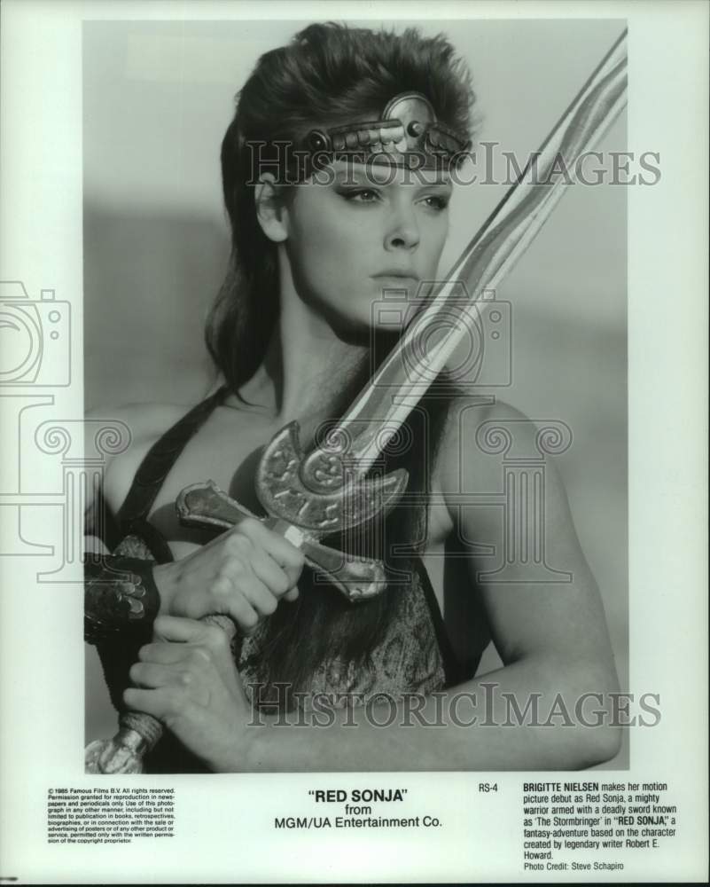 1985 Press Photo Brigitte Nielsen Debuts as Red Sonja in the Film &quot;Red Sonja&quot;- Historic Images