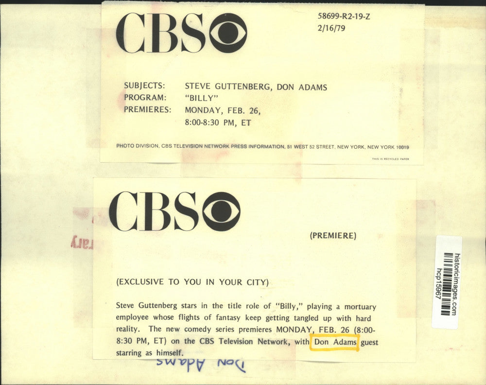 1979 Press Photo Actor Steve Guttenberg, Don Adams on "Billy" CBS TV Series