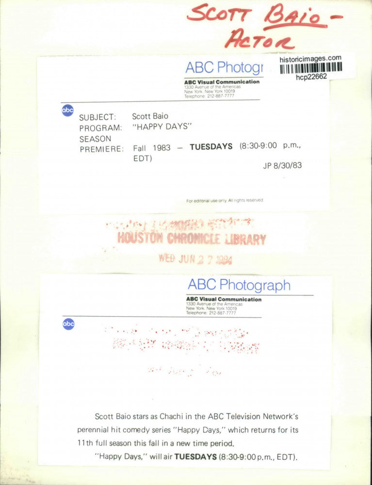 1983 Press Photo Scott Baio stars as Chachi in comedy series "Happy Days".