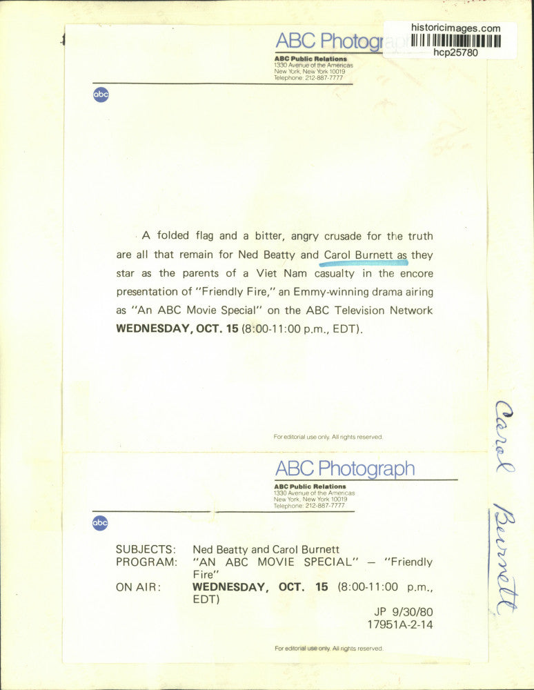 1980 Press Photo Carol Burnett, Ned Beatty in "Friendly Fire" ABC Movie