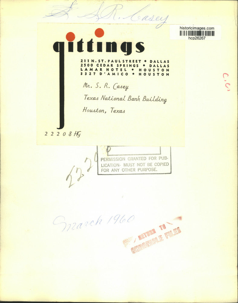 1960 Press Photo Mr. S.R. Casey, Texas National Bank Building, Houston, Texas