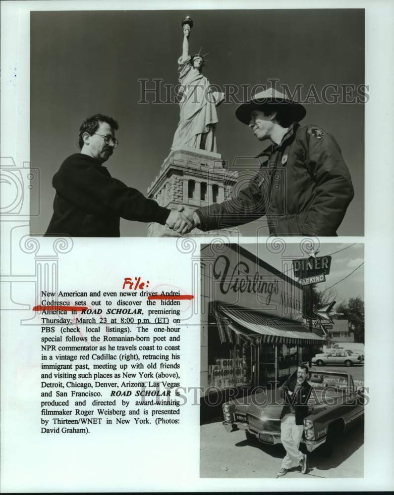 1995 Press Photo Andrei Codrescu in scenes from &quot;Road Scholar&quot; special- Historic Images