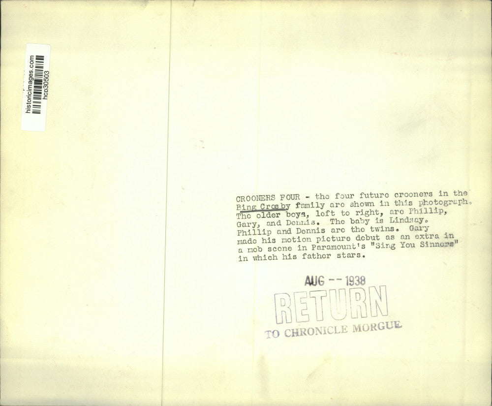 1938 Press Photo Bing Crosby's children: Phillip, Gary, Dennis and baby Lindsay