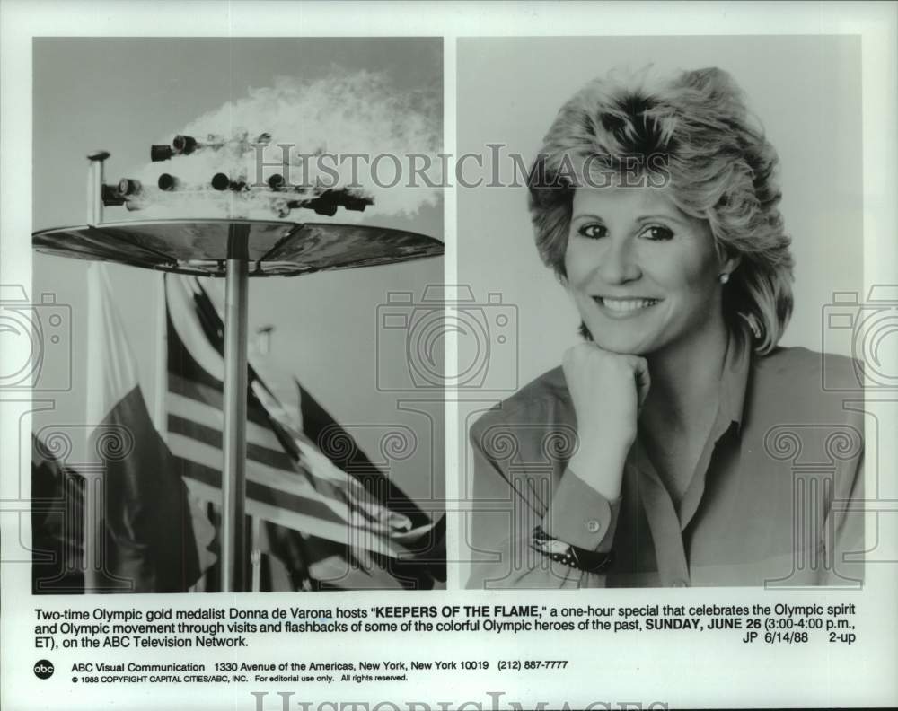 1988 Press Photo Donna de Varona, Host of &quot;Keepers of The Flame&quot; ABC Special- Historic Images