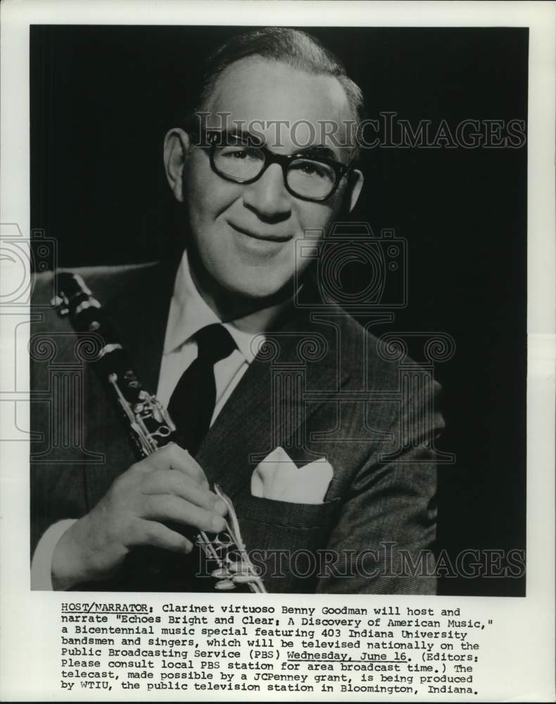 1978 Press Photo Musician Benny Goodman holding his Clarinet on PBS.- Historic Images