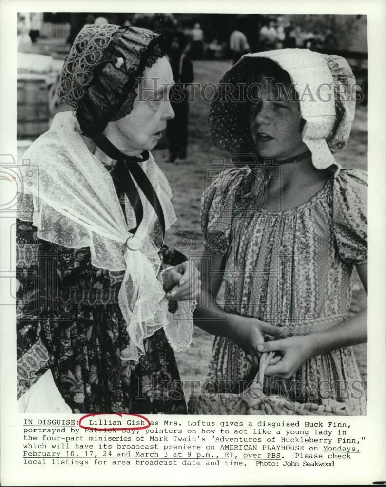 1986 Press Photo Lillian Gish and Patrick Day, &quot;Adventures of Huckleberry Finn&quot;- Historic Images